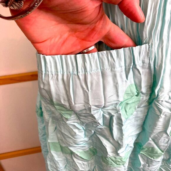 Alquema NWOT Aqua & green polka dot hand pleated midi dress w/pockets - Picture 5 of 15